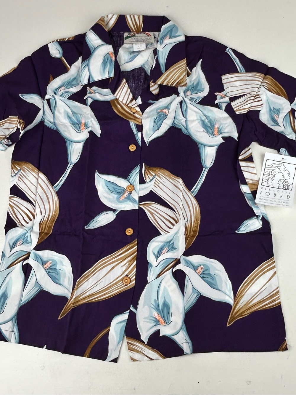 Paradise Found NWT Women's Sz Small Hawaiian Aloha Shirt Purple Magnum PI